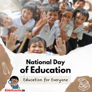 A group of joyful schoolchildren dressed in uniforms, smiling and waving excitedly. The design overlay reads, "National Day of Education - Education for Everyone.